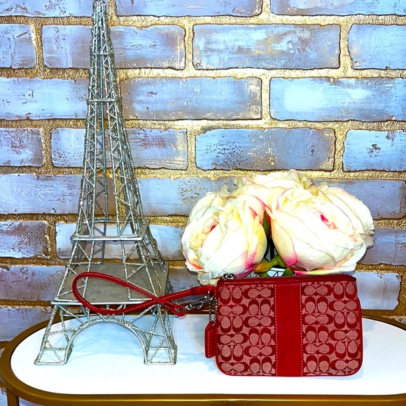 Vintage New Coach Red Signature Logo Leather & Canvas Wristlet with Duster Bag. - Picture 8 of 13